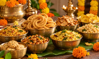 Bowls of assorted festive snacks