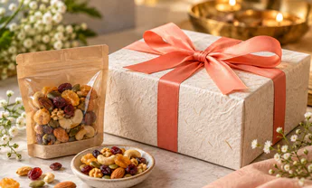 A gift box tied with a red ribbon