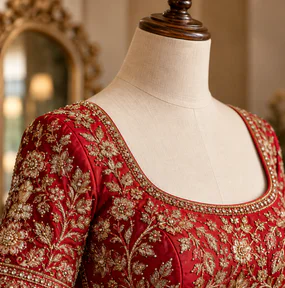 The back of an embroidered maroon blouse