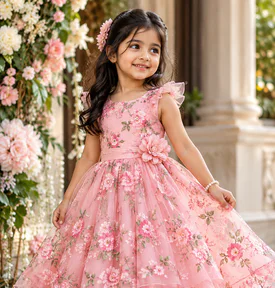 A child’s floral frock with a pink bow
