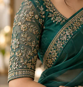 A teal blouse sleeve with gold embroidery