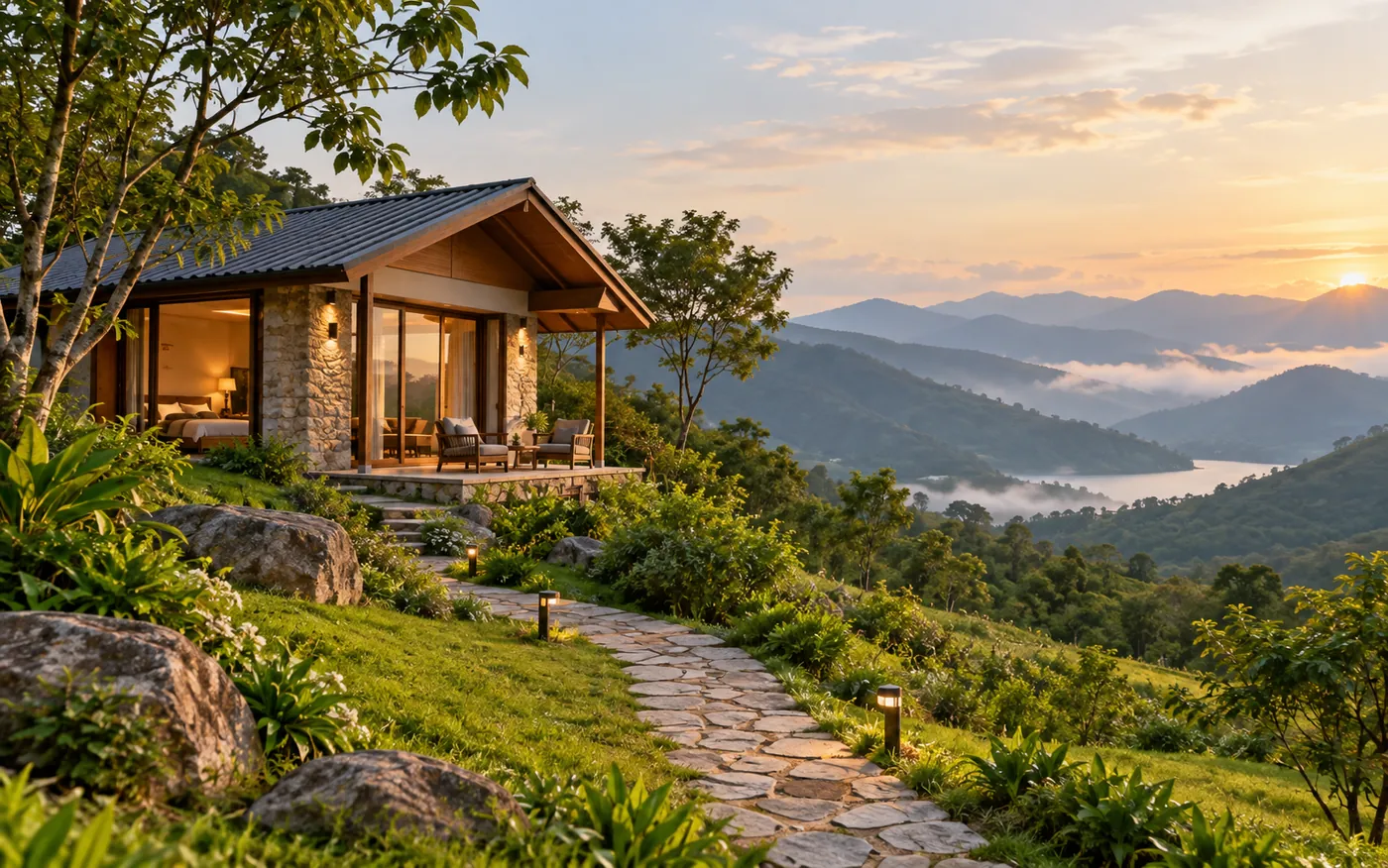 Original hillside cottage at sunrise above a misty valley