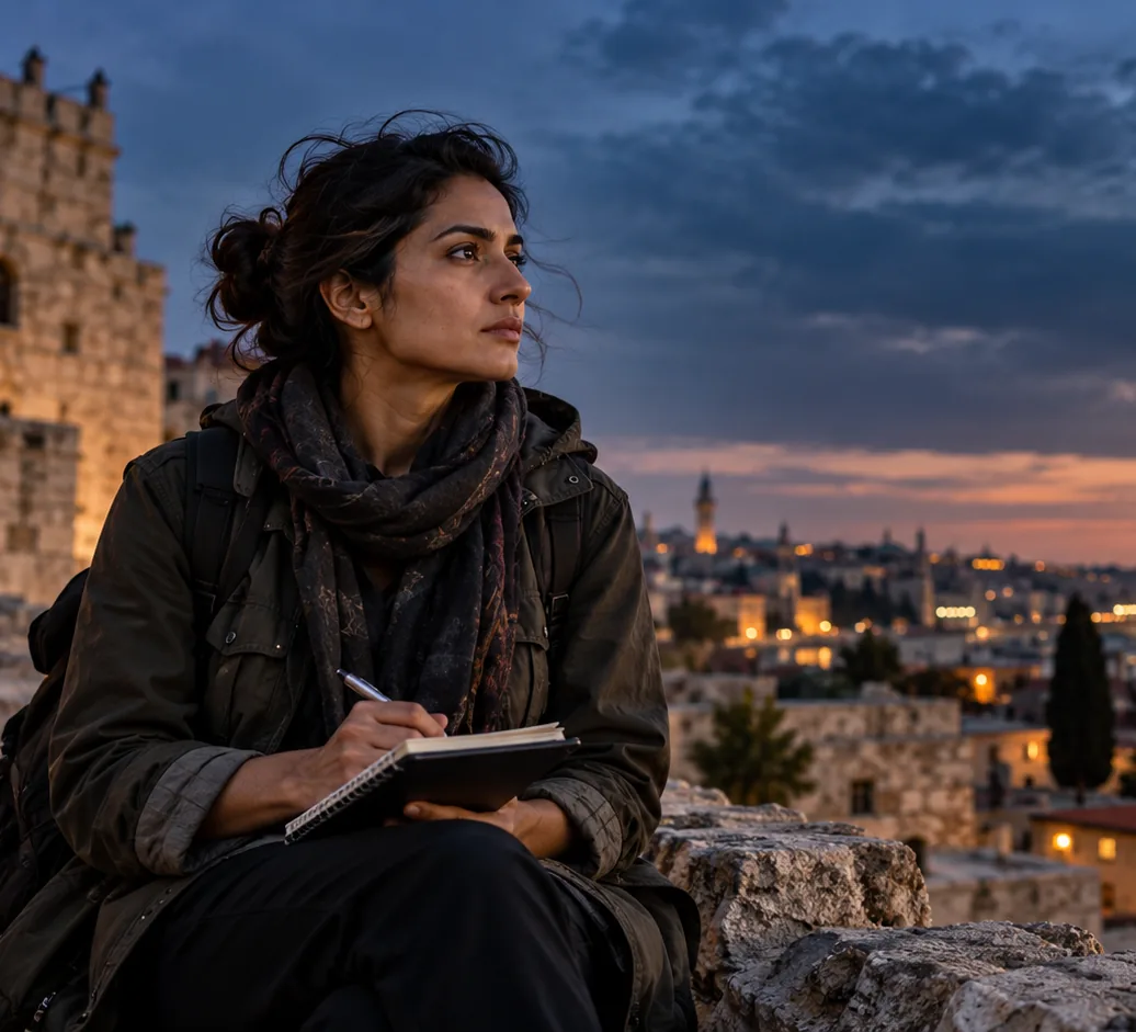 A journalist with a notebook on a stone wall above a city