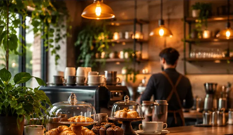 A warmly lit café counter