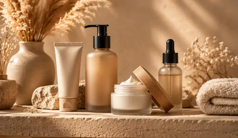Skincare bottles on a stone shelf