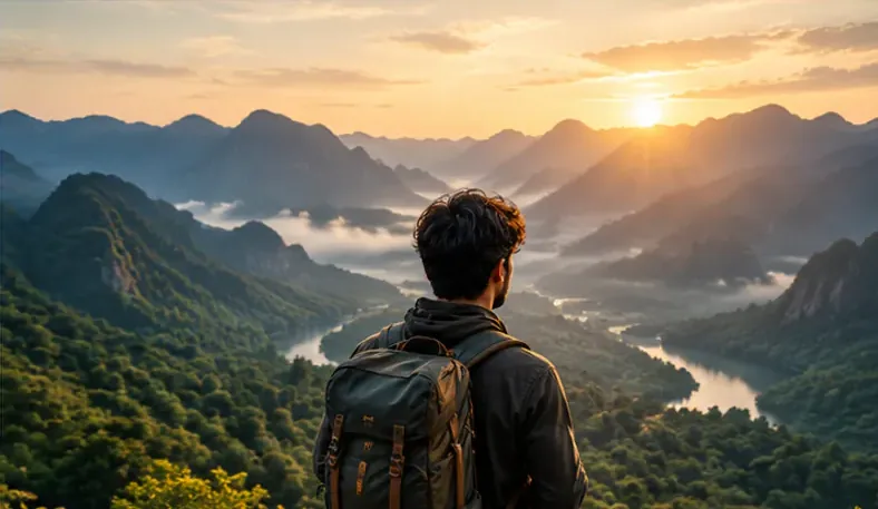 A hiker looking over green mountains