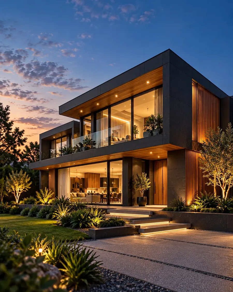 A contemporary home with wood and dark cladding