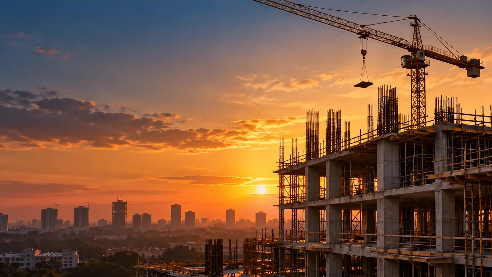 A building frame under construction at sunset