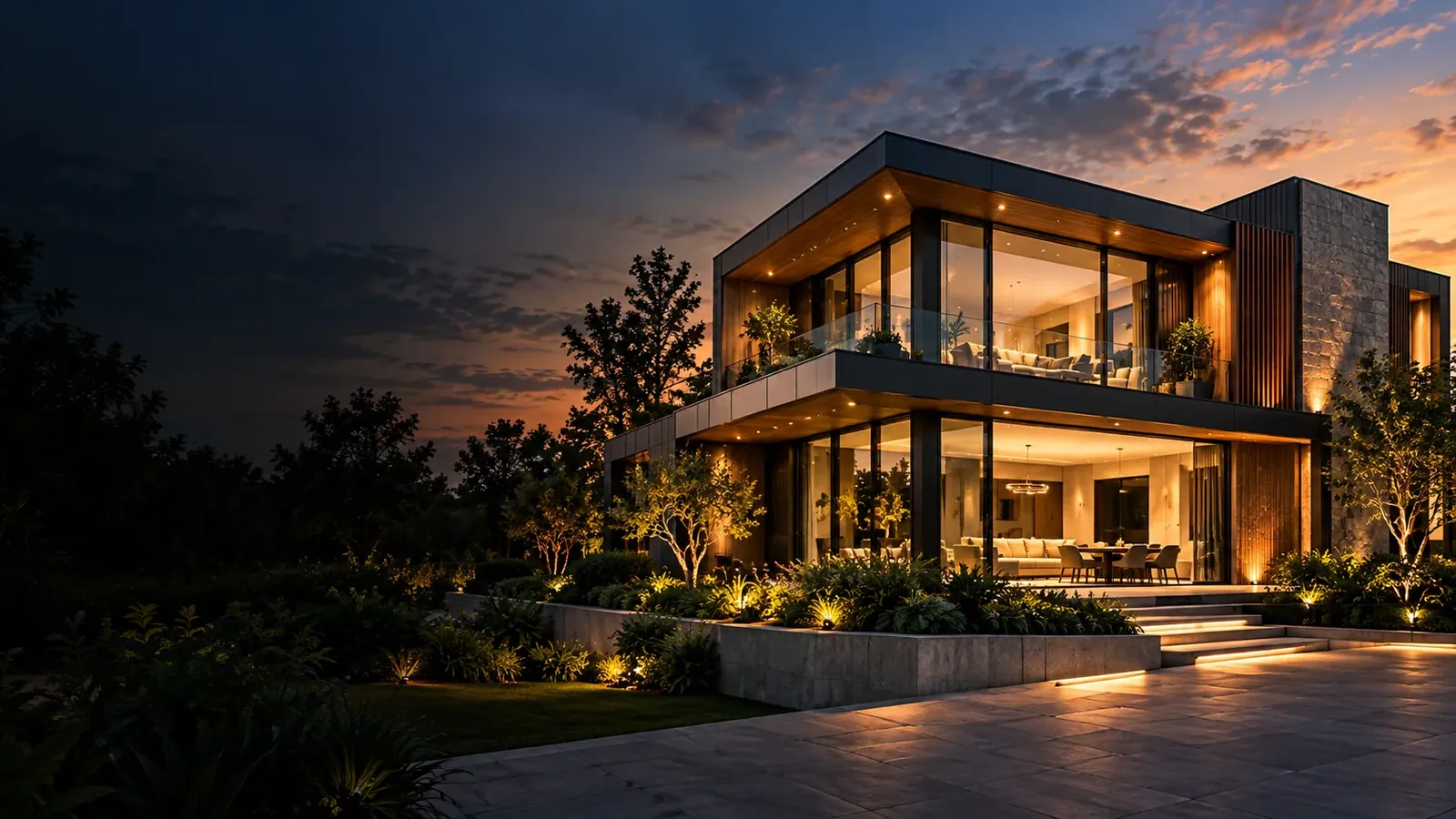 A modern two-storey villa lit up at dusk