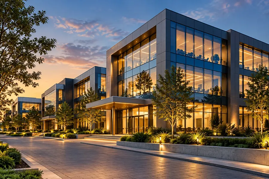 A glass-fronted commercial complex