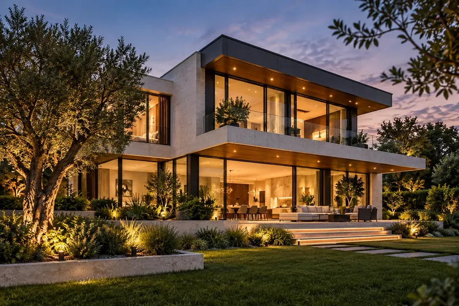 A modern residential villa at dusk