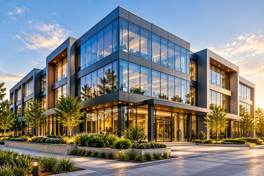 A glass-fronted office building