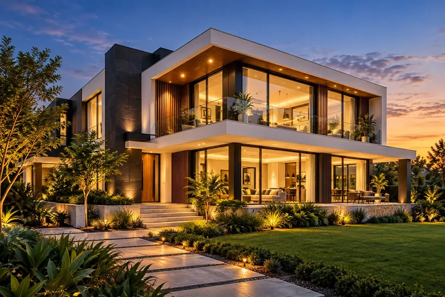 A row of new villas at dusk