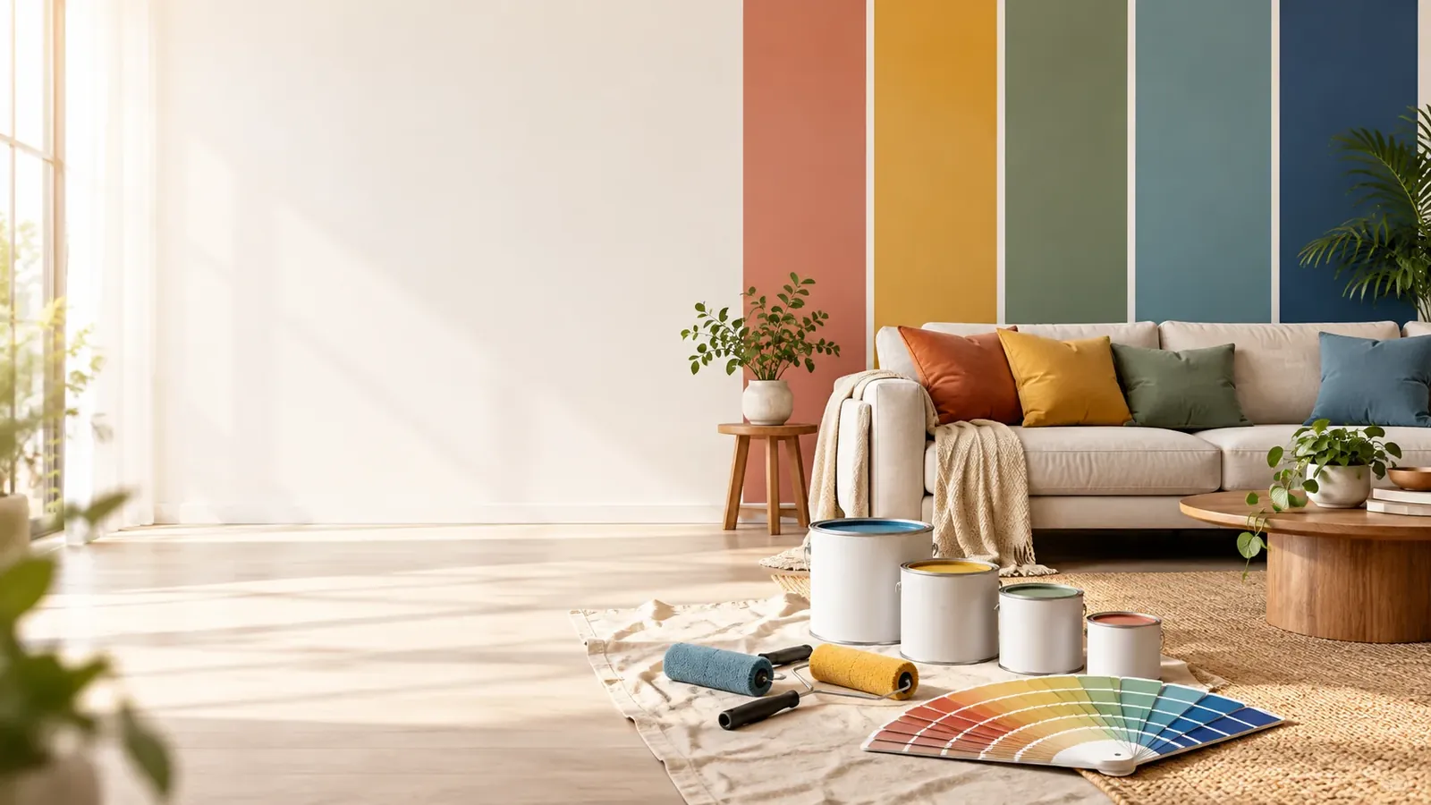 Paint cans, rollers, and colour swatches in a bright living room