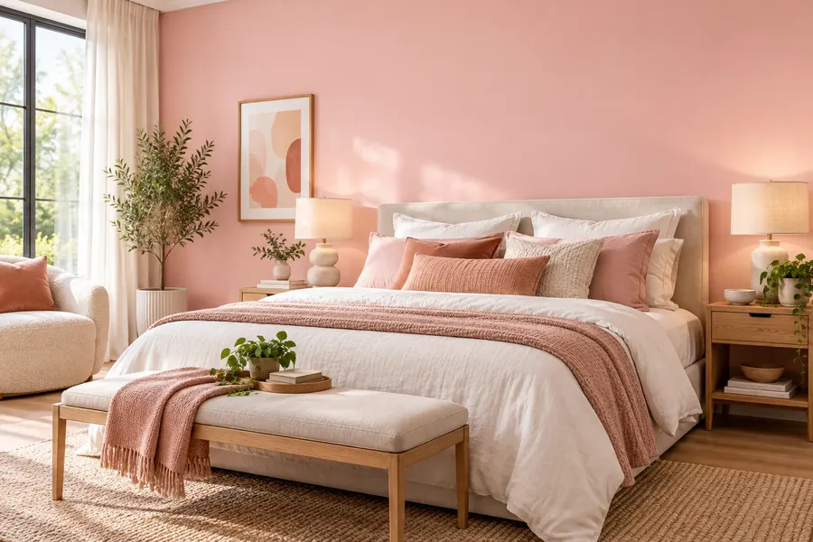 A bedroom in soft pink
