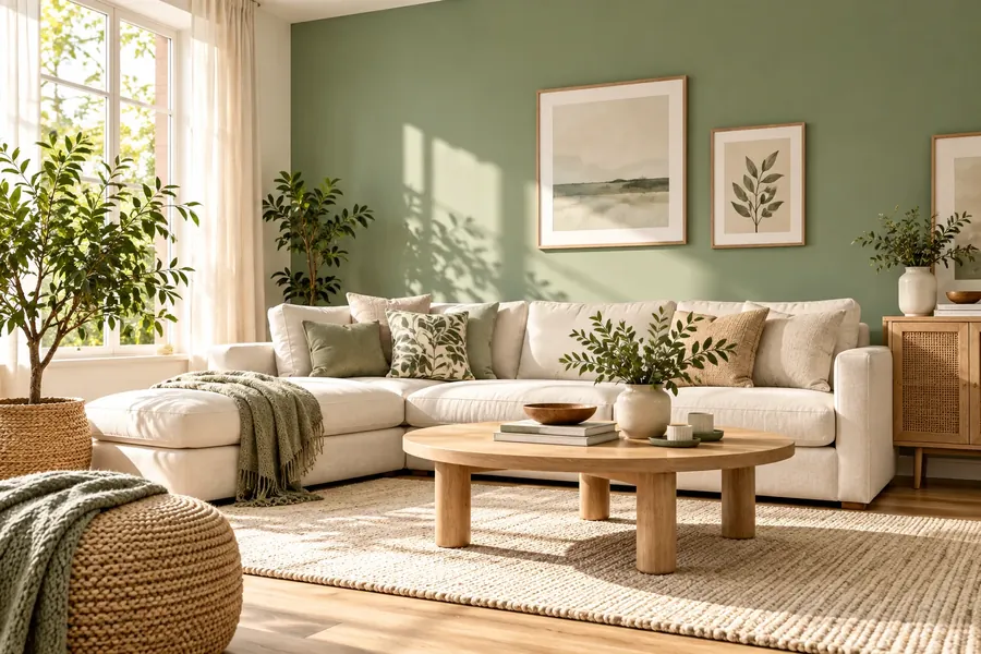 A living room in sage green