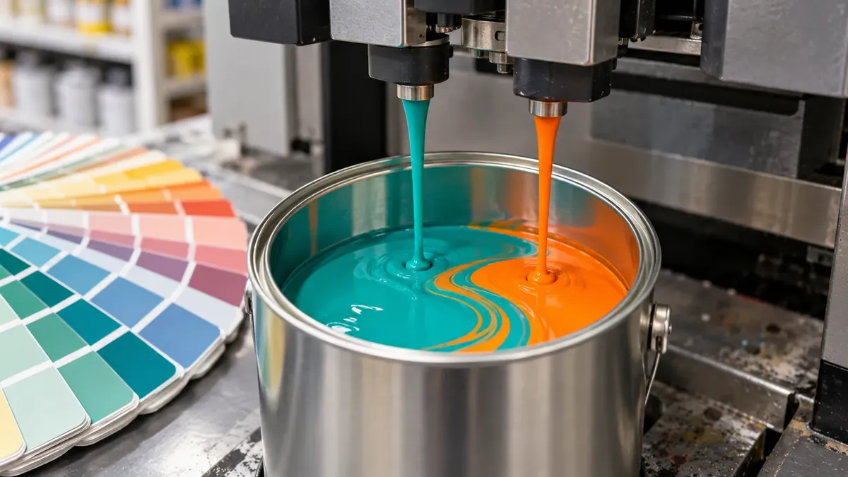 Paint being tinted in a mixing machine