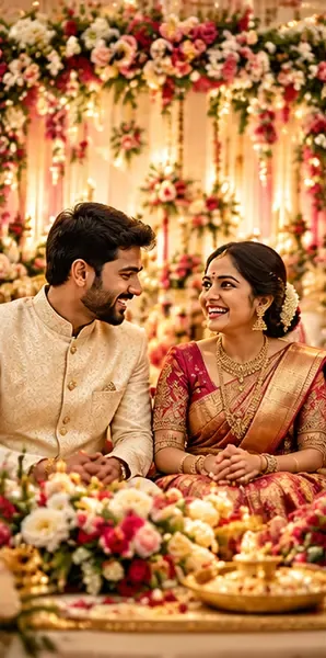 A couple smiling on an engagement stage