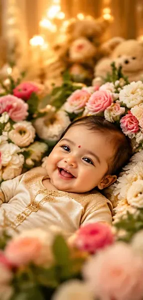 A baby among flowers at a naming ceremony