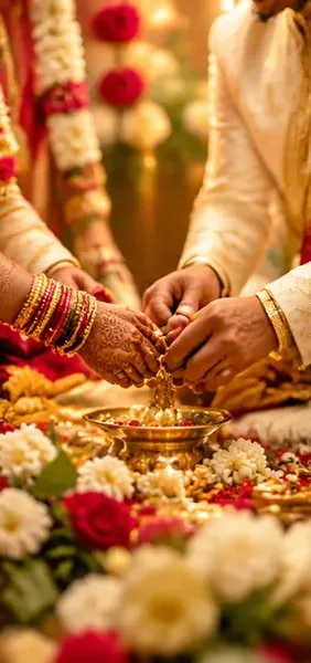 Hands exchanging rings over a wedding ritual