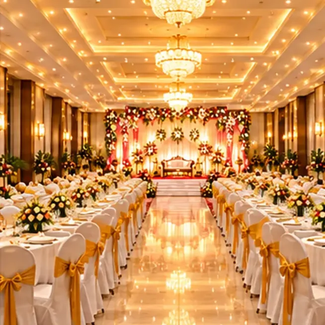A warm chandelier-lit hall arranged for dining