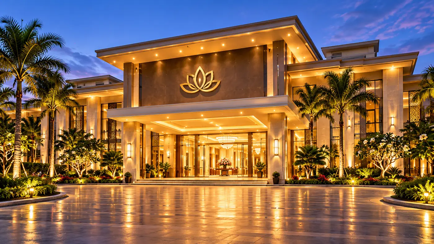 The lit entrance of the convention hall among palm trees