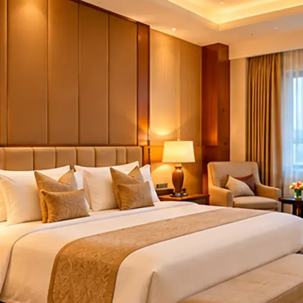 A warm modern guest room with a large bed