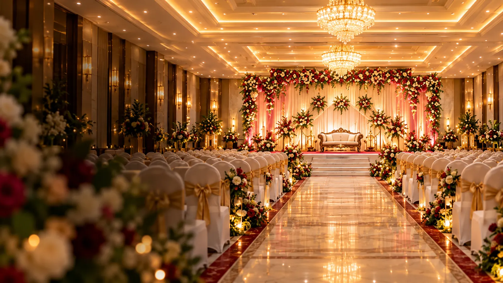 A grand convention hall with a central aisle, gold-trimmed chairs, and a flower-filled stage