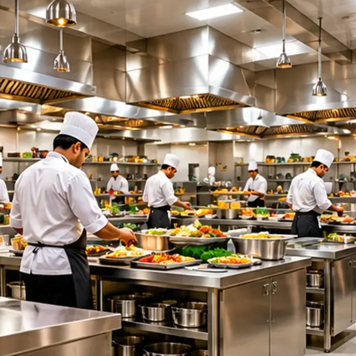 Cooks at work in a spotless catering kitchen