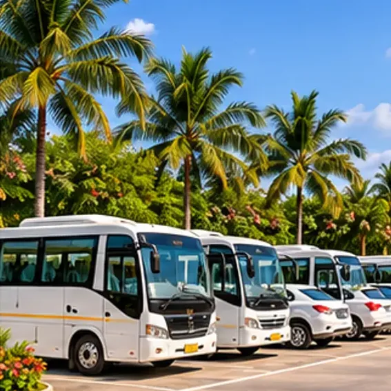 Buses and cars in the parking area