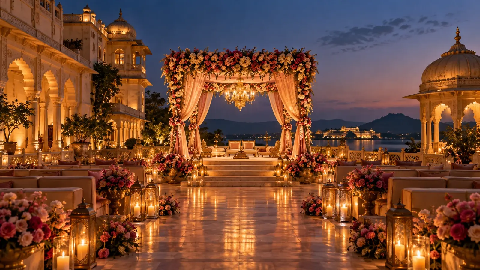 A heritage palace courtyard prepared for a candlelit wedding