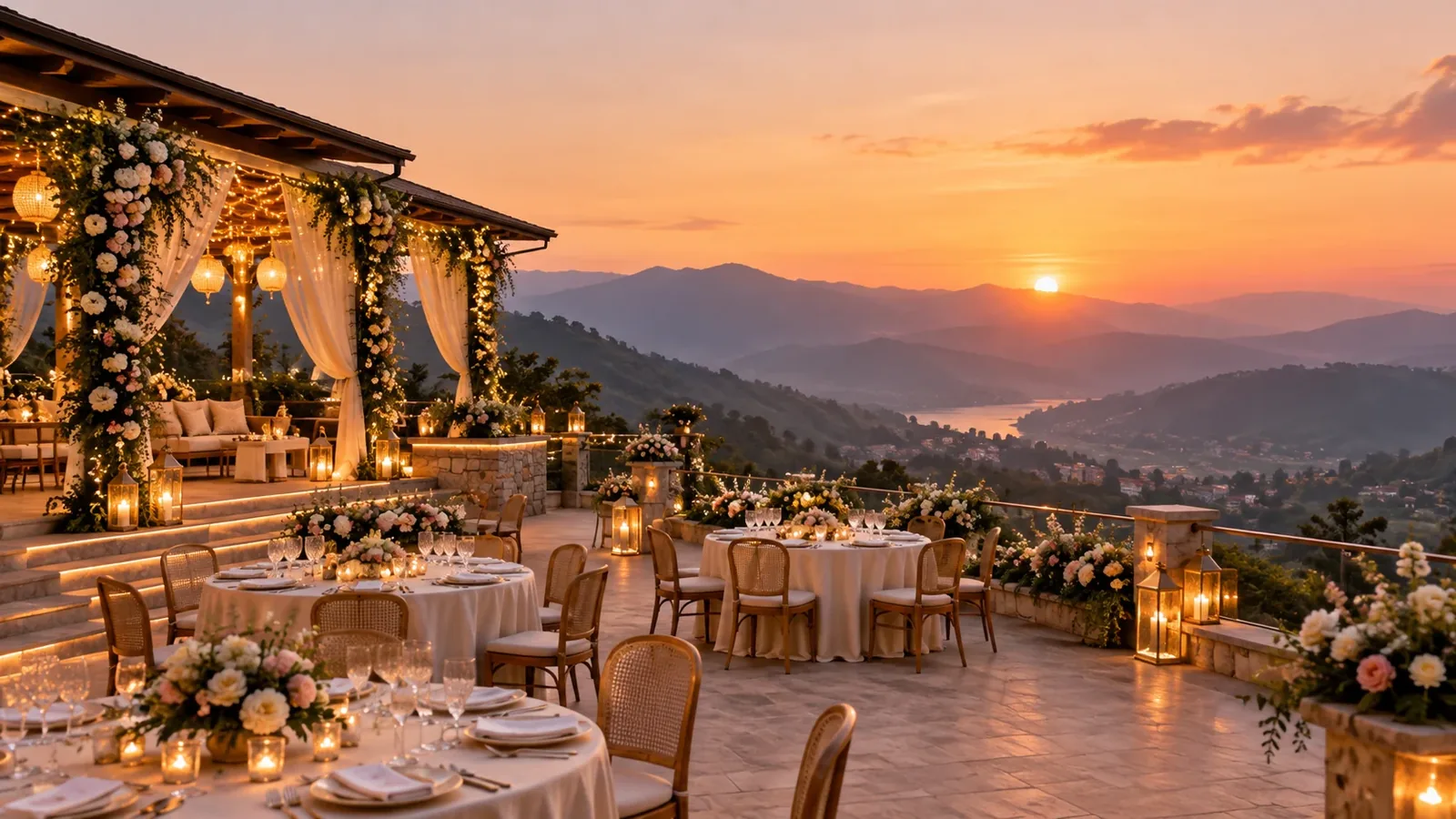 A flower-filled hill resort terrace at sunset