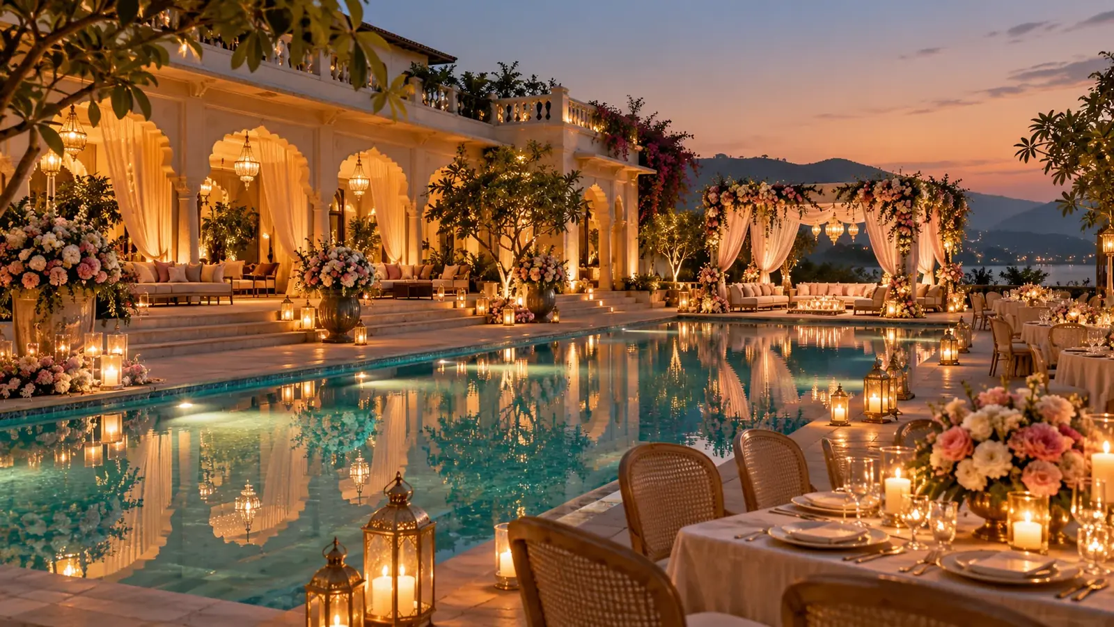 A poolside villa prepared for an evening celebration