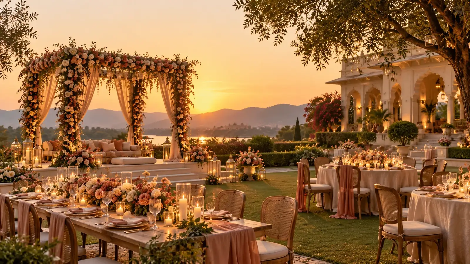 A private estate garden prepared for a wedding celebration