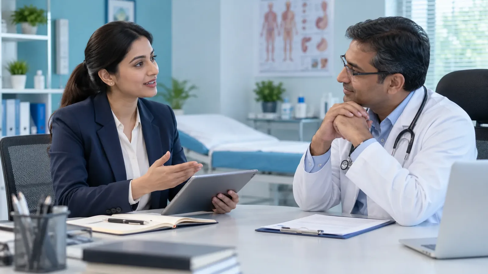 A medical representative talking with a doctor