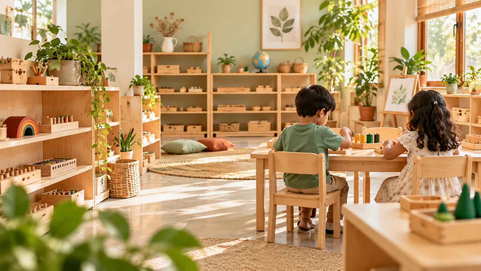A bright Montessori classroom with low tables and open learning materials