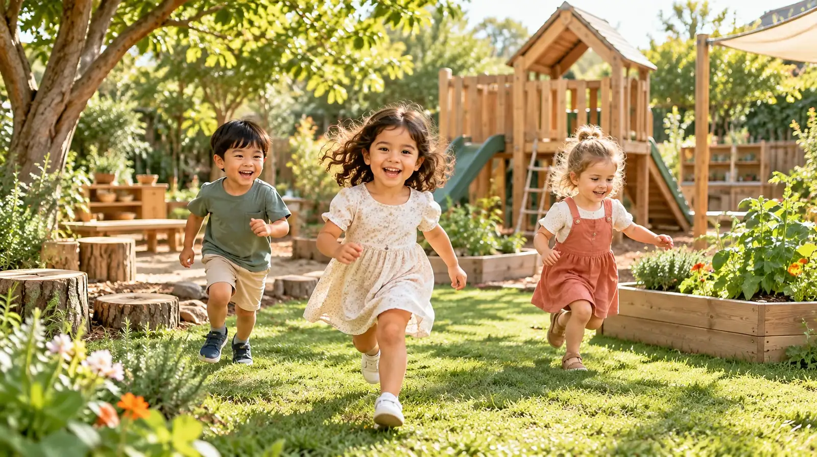 Children playing in a leafy Montessori garden