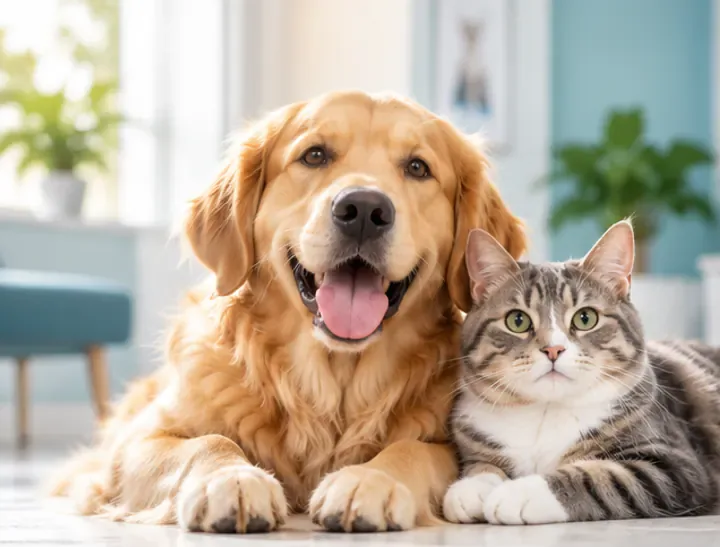 A golden retriever cuddling a grey cat