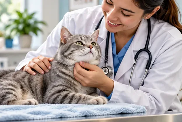 A vet comforting a cat after treatment