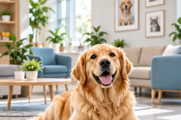A golden retriever in a cosy waiting area