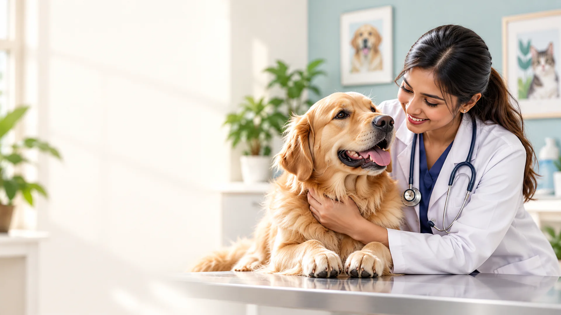 A veterinarian hugging a golden retriever