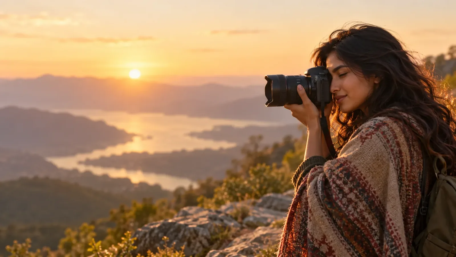 A photographer framing a shot at golden hour