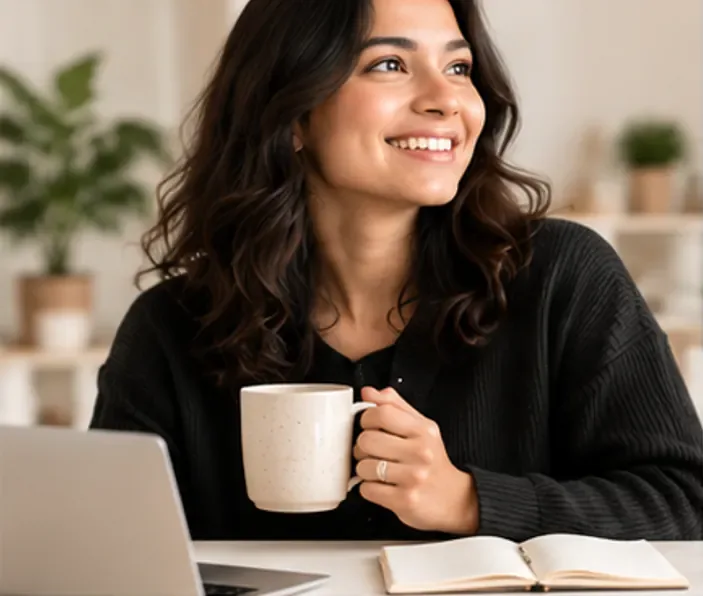 A portrait of the social media manager holding a mug