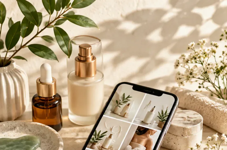 A phone showing a beauty brand’s feed among product photos