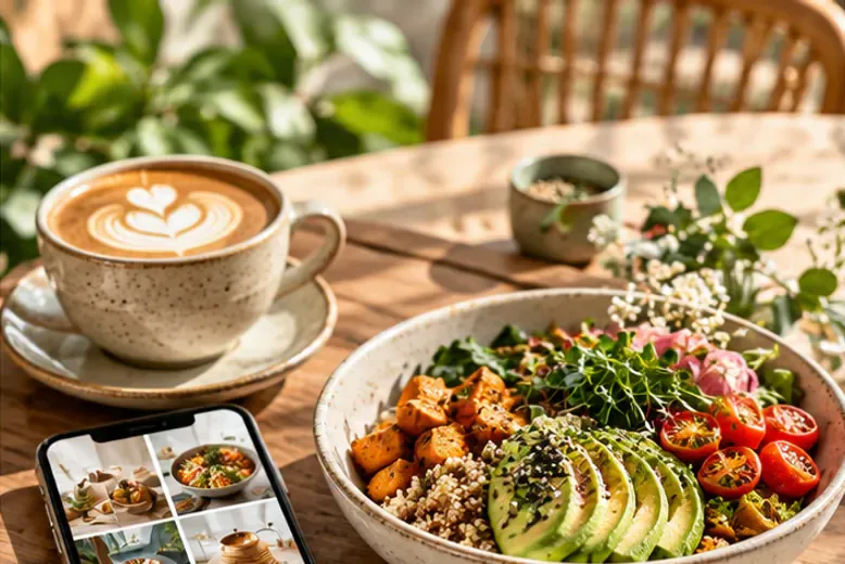 A phone showing a food brand’s feed beside plated dishes