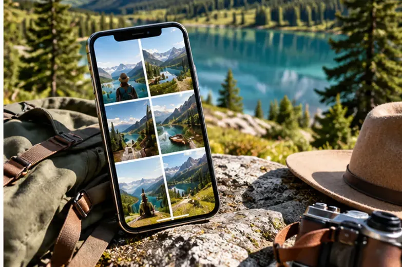 A phone showing mountain travel photos