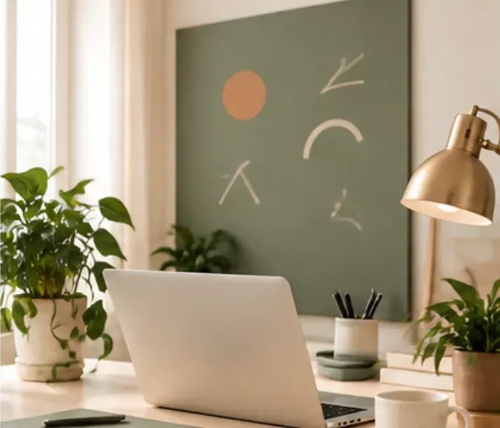 A desk with a laptop, plants, and a handwritten note
