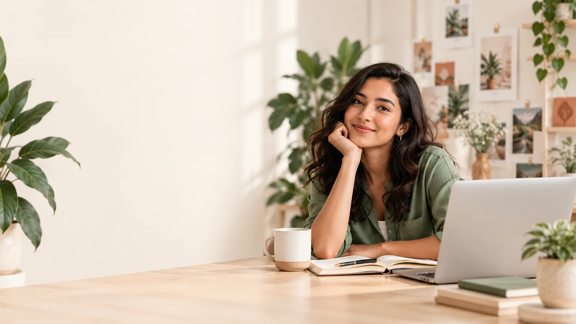 A smiling social media manager at her desk beside a laptop