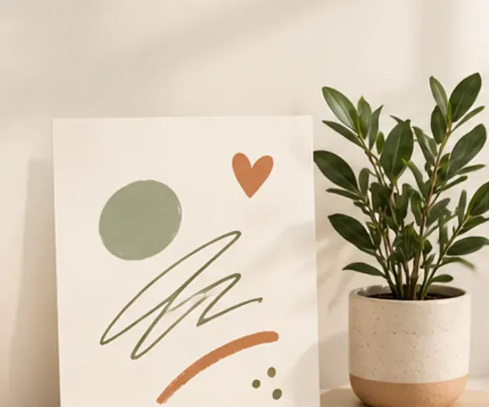 A handwritten card beside a potted plant