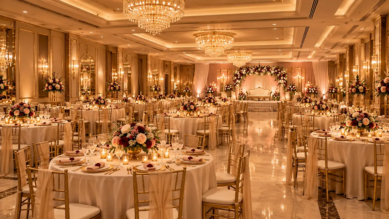 Round tables set for a banquet under chandeliers